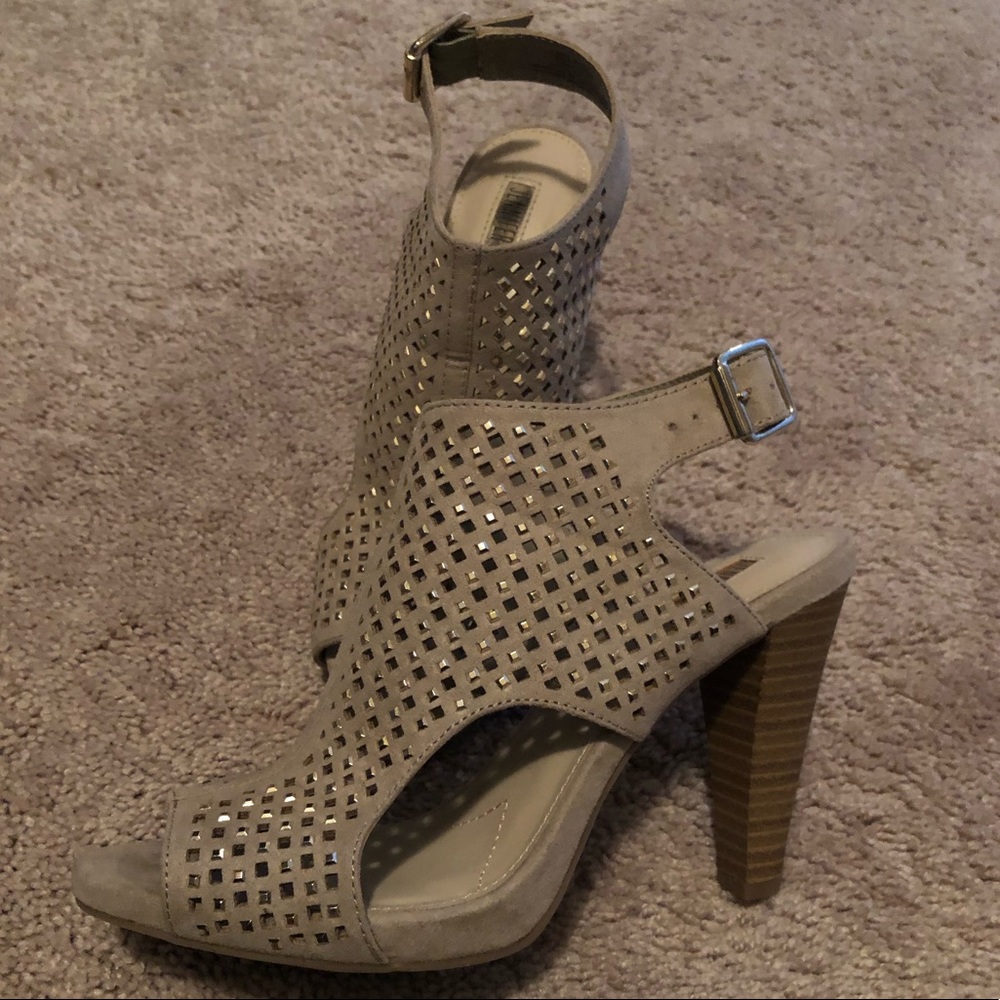 J LO Gold Studded strap back peep toe high heels